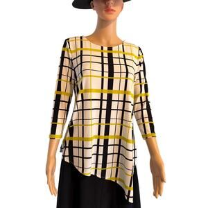 Alfani Black White & Gold Plaid Asymmetrical Top, Women's Size PM
